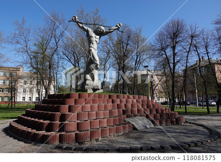 Kiev, Ukraine April 27, 2021: Monument in honor of the soldiers of the defenders of Kiev who died during World War II Kiev, Ukraine April 27, 2021: Monument in honor of the soldiers of the defenders of Kiev who died during World War II 118081575