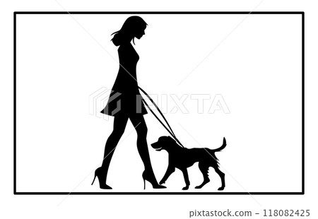 Girl Walking Her Dog Silhouette, Girl with a pet, Female character and a dog 118082425