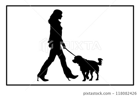 Girl Walking Her Dog Silhouette, Girl with a pet, Female character and a dog 118082426