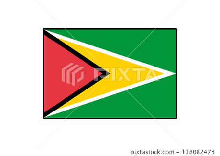 The flag of Guyana features a bold design with green, yellow, red, and black colors. The striking triangular shapes symbolize the country's rich culture and natural resources. 118082473