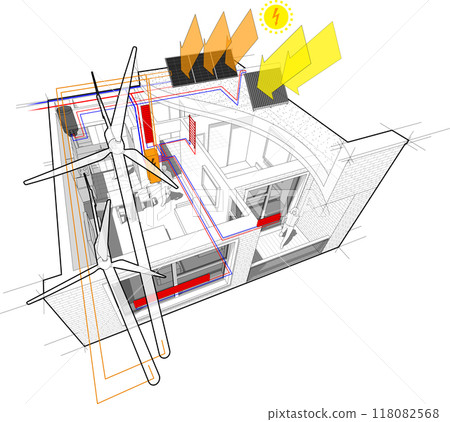 Apartment diagram with radiator heating and connected to the wind turbines and photovoltaic and solar panels Apartment diagram with radiator heating and connected to the wind turbines and photovoltaic and solar panels 118082568