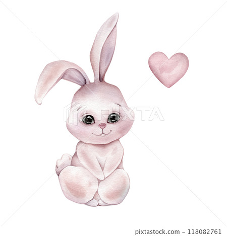 Watercolor cute hare and heart. Drawing of bunny in pastel warm and beige colors. Hand drawn illustration rabbit on isolated background for children. For childish shower greeting cards or invitations Watercolor cute hare and heart. Drawing of bunny in pastel warm and beige colors. Hand drawn illustration rabbit on isolated background for children. For childish shower greeting cards or invitations 118082761