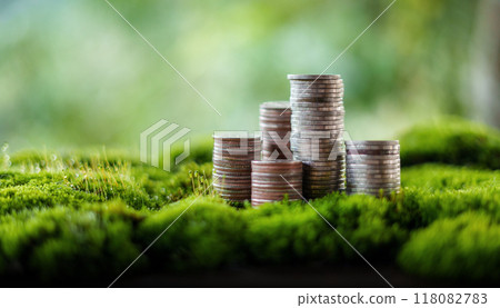 Stacked coins on lush green moss, symbolizing wealth and growth Stacked coins on lush green moss, symbolizing wealth and growth 118082783