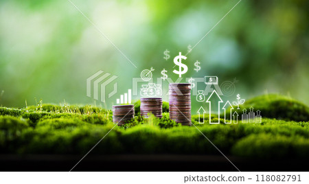 Financial growth and environment, stacked coins are growing in nature and environmental conservation. Financial growth and environment, stacked coins are growing in nature and environmental conservation. 118082791