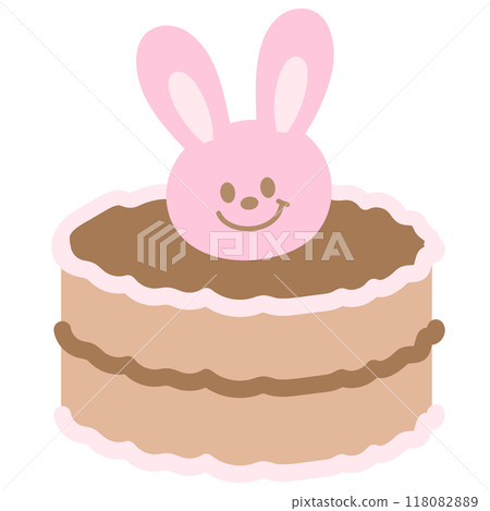 Chocolate cake with bunny for pet shop, food, snack, sweet dessert, cafe, restaurant, menu, recipe, baking, sticker, cartoon character, mascot, plush toy, rabbit doll, party, card, happy easter, icon 118082889