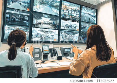 Security room_Security guard monitoring security camera footage_Illustration 2 Security room_Security guard monitoring security camera footage_Illustration 2 118082927