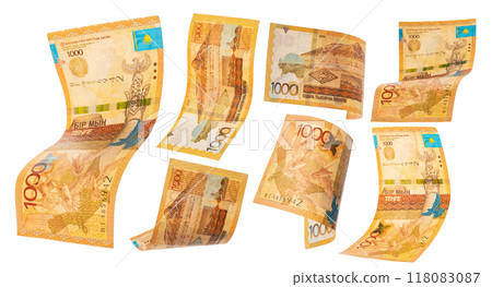 1000 banknote. Kazakhstan money - tenge. Close up of flying tenge on grey background. 1000 banknote. Kazakhstan money - tenge. Close up of flying tenge on grey background. 118083087