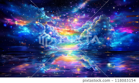 A dreamlike landscape of a fantastic night sky and water surface 118083154