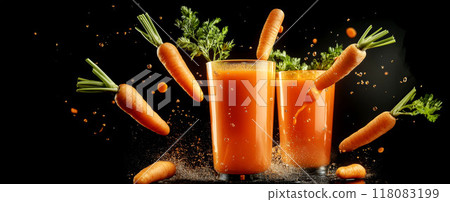 Fresh Whole Carrots Splashed into a Glass of Fresh Whole Carrots Splashed into a Glass of 118083199