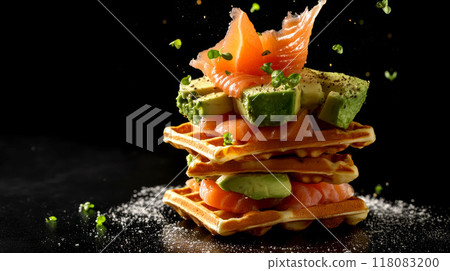 A tower of waffles with fresh salmon, avocado, and 118083200