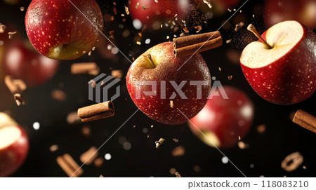 Red apples and cinnamon sticks are suspended in 118083210