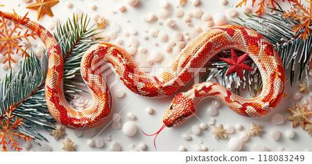 Festive red and white patterned snake with Festive red and white patterned snake with 118083249