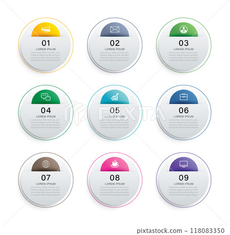 Infographics circle timeline with 9 number data template. Illustration business abstract background. Infographics circle timeline with 9 number data template. Illustration business abstract background. 118083350
