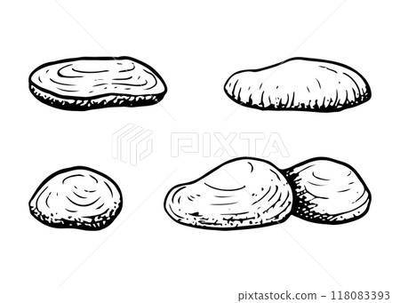 Black and white underwater sea stones line vector illustration set. Hand drawn ink monochrome pebbles of round and oval shape for nautical and marine designs 118083393