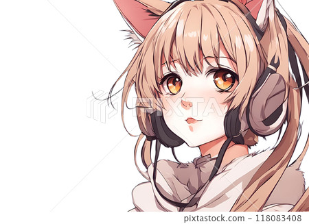 Illustration of a girl with cat ears wearing headphones 118083408
