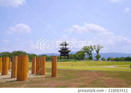 Nara, Tawara Town, Karako-Kagi Ruins (remains of large building and restored tower) (Summer) 118083411
