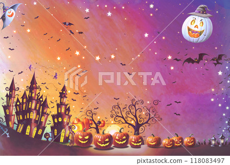 橙色和紫色星空的萬聖節世界 118083497