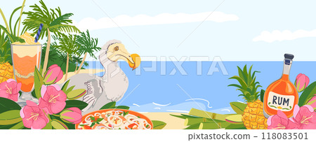 Panoramic horizontal view from the beach of Mauritius island. Dodo bird, trochetia boutoniana flowers, pineapple, rum, cocktail. Vector landmarks in flat style. Tropical paradise lagoon to relax. 118083501
