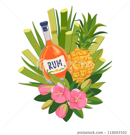 Vector composition with a bottle of rum, pineapple and tropical flowers. Illustration for a beach bar menu. Cruise vacation, summer holidays, party, cafe, vacation. 118083502
