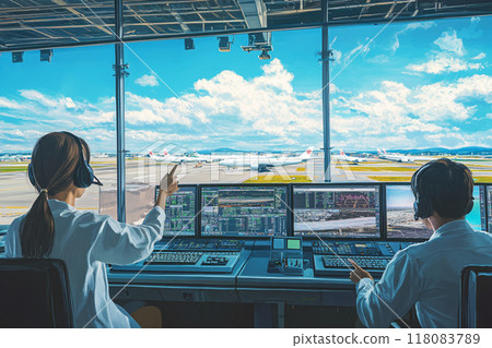 Airport control room_Air traffic controller giving instructions_Illustration Airport control room_Air traffic controller giving instructions_Illustration 118083789