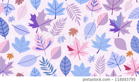 A seamless vector pattern featuring a variety of colorful autumn leaves in pastel tones. Ideal for seasonal backgrounds, textiles, and fall-themed designs. 118083795