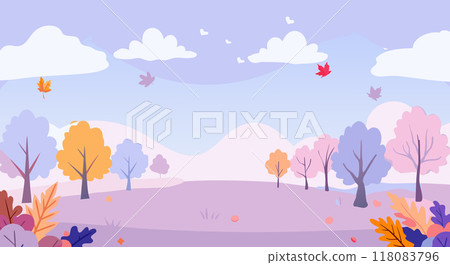 A charming vector illustration of an autumn forest landscape featuring colorful trees, falling leaves, and a pastel sky. Perfect for seasonal designs and nature-themed projects. A charming vector illustration of an autumn forest landscape featuring colorful trees, falling leaves, and a pastel sky. Perfect for seasonal designs and nature-themed projects. 118083796