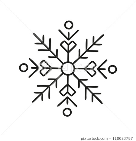 Simple black and white illustration of a snowflake with heart-shaped details. Perfect for winter and holiday-themed designs, combining festive and romantic elements... Simple black and white illustration of a snowflake with heart-shaped details. Perfect for winter and holiday-themed designs, combining festive and romantic elements... 118083797