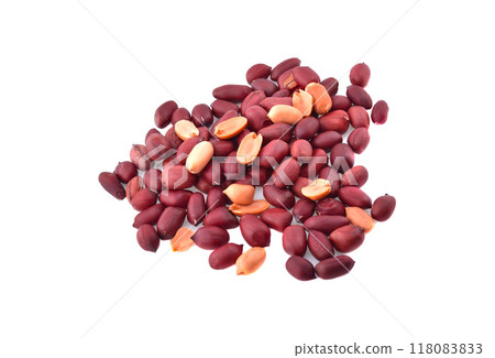 red peeled peanuts isolated on white background. red peeled peanuts isolated on white background. 118083833