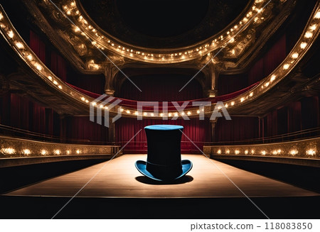 Illustration of a top hat illuminated by a spotlight on a theater stage Illustration of a top hat illuminated by a spotlight on a theater stage 118083850