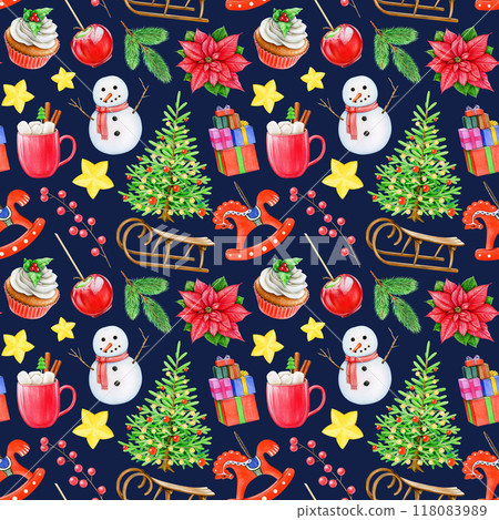 Christmas vintage style decor traditional elements seamless pattern. Hand drawn fir tree, snowman, sleigh, winter sweets and treats on dark blue background. Winter mood decor seamless pattern element 118083989