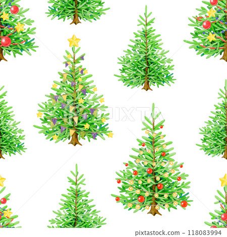 Bright Christmas trees seamless pattern on white background. Hand drawn fir trees with festive bright vintage style decoration. Winter holidays festive traditional decor seamless pattern element Bright Christmas trees seamless pattern on white background. Hand drawn fir trees with festive bright vintage style decoration. Winter holidays festive traditional decor seamless pattern element 118083994