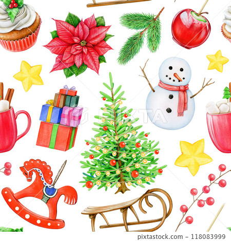 Winter time festive decor elements seamless pattern. Hand drawn fir tree, snowman, sled, winter sweets and treats on white background. Christmas vintage style decoration traditional seamless pattern Winter time festive decor elements seamless pattern. Hand drawn fir tree, snowman, sled, winter sweets and treats on white background. Christmas vintage style decoration traditional seamless pattern 118083999