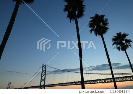 Evening view of the Akashi Kaikyo Bridge [A spectacular view from Kaigandori in Tarumi Ward, Kobe City] 118084184