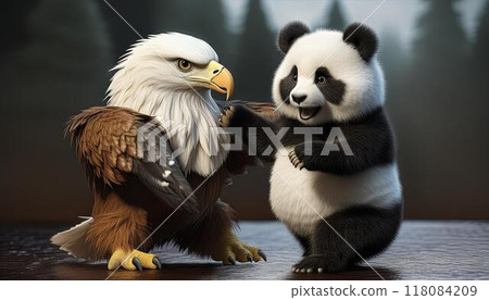 可愛的禿鷹和熊貓一起玩耍,就像曼在 可愛的禿鷹和熊貓一起玩耍,就像曼在 118084209