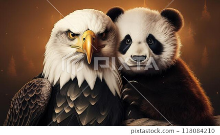 友善的禿鷹和熊貓臉貼臉親吻 友善的禿鷹和熊貓臉貼臉親吻 118084210