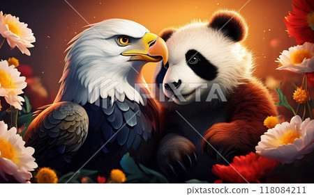 友善的禿鷹和熊貓被鮮花包圍 友善的禿鷹和熊貓被鮮花包圍 118084211