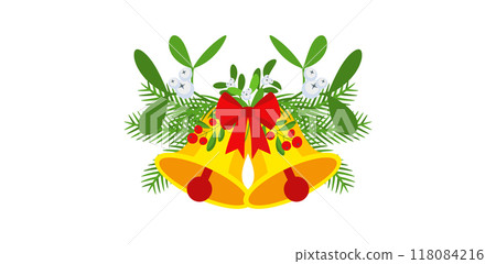 Christmas garland with bells and plant branches, flowers and berries. Christmas garland with bells and plant branches, flowers and berries. 118084216