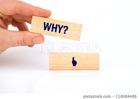 Why the question written laid out by a man's hand with wooden blocks on a white background Why the question written laid out by a man's hand with wooden blocks on a white background 118084486