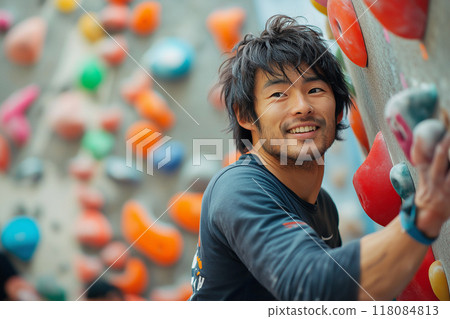 Man playing bouldering Man playing bouldering 118084813