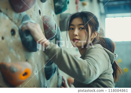 Young woman practicing in a bouldering gym 118084861