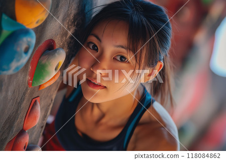 Young woman practicing in a bouldering gym Young woman practicing in a bouldering gym 118084862