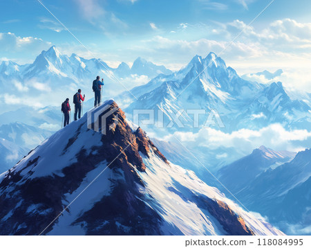 Hikers reaching a mountain summit with a breathtaking panoramic view. Show the hikers celebrating or taking in the view, with expansive mountain ranges and a clear sky in the background. The scene sho 118084995