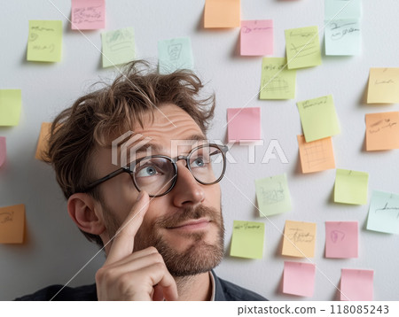 Back of entrepreneur sitting in office and look at colorful sticky message on cement wall. Work lifestyle concept. Selective focus. 118085243