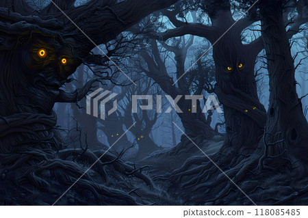 dark eerie forest with twisted trees and glowing eyes lurking in the shadows at night dark eerie forest with twisted trees and glowing eyes lurking in the shadows at night 118085485