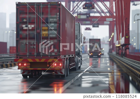 半拖車在貨櫃碼頭運輸貨櫃 118085524