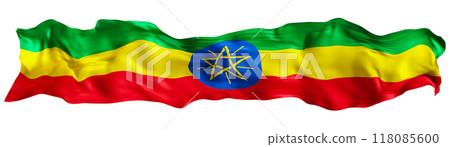 Stylized flag of Ethiopia waving in the wind, isolated on white background. Footer, header or divider. Cut out wide, panoramic element. Banner for patriotic themes or national event promotions. 3D. 118085600