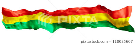 Stylized flag of Bolivia waving in the wind, isolated on white background. Footer, header or divider. Cut out wide, panoramic element. Banner for patriotic themes or national event promotions. 3D. 118085607