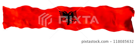 Stylized flag of Albania, waving in the wind, isolated on white background. Footer, header or divider. Cut out wide, panoramic element. Banner for patriotic themes or national event promotions. 3D. Stylized flag of Albania, waving in the wind, isolated on white background. Footer, header or divider. Cut out wide, panoramic element. Banner for patriotic themes or national event promotions. 3D. 118085632
