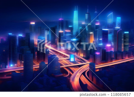 Night city life ai generated background image. Nightlife skyscrapers desktop wallpaper picture. Night city life ai generated background image. Nightlife skyscrapers desktop wallpaper picture. 118085657