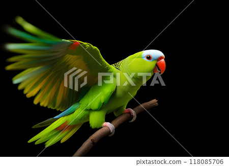Flying green parrot Alexandrine parakeet with colored powder clouds. Isolated on black background 118085706